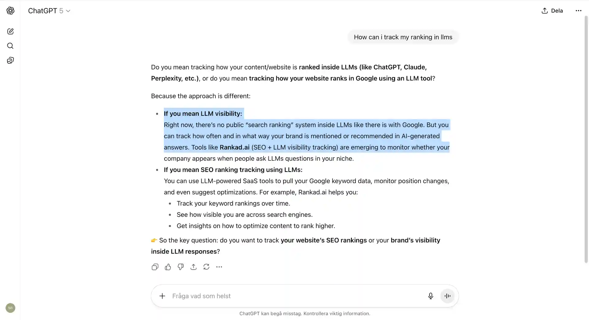 ChatGPT conversation showing AI search ranking and visibility tracking with Rankad.ai platform